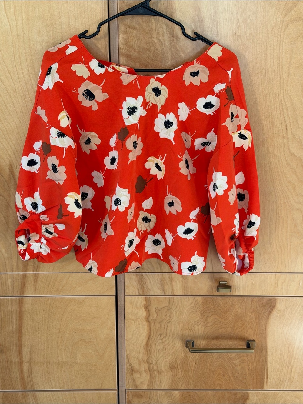 Zara Basic Red Floral V-Neck Blouse Puff-Sleeve Top, Small